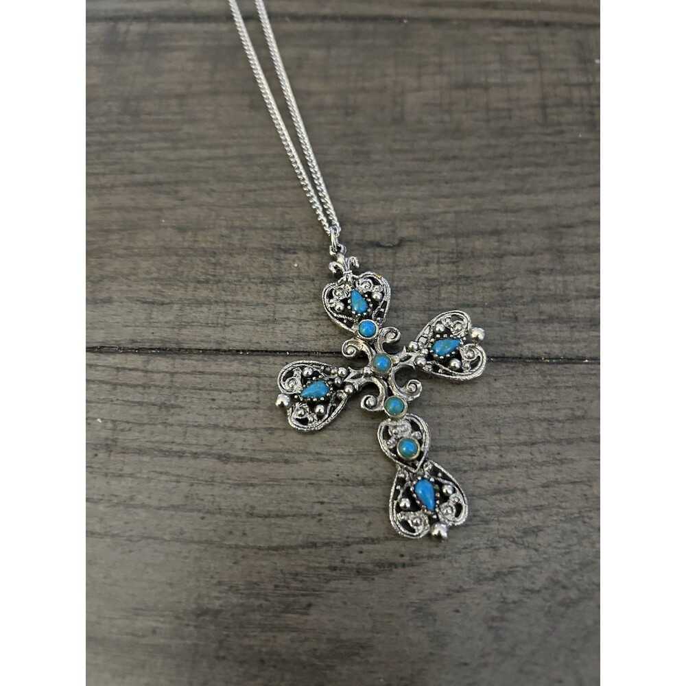 Cross Pendant Necklace Turquoise Color Stones On 28” Silver Chain.